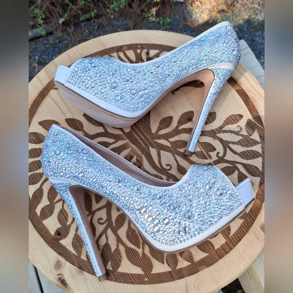 Lauren Lorraine Rhinestone Studded Stiletto Heel Peep Toe Sandals Size 8 - Picture 5 of 8
